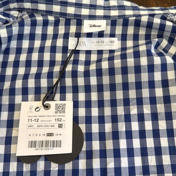 Zara-Disney Junior Girls Size 11/12 Blue/White Checkered Button-Up Tie-Up Shirt - Picture 7 of 8